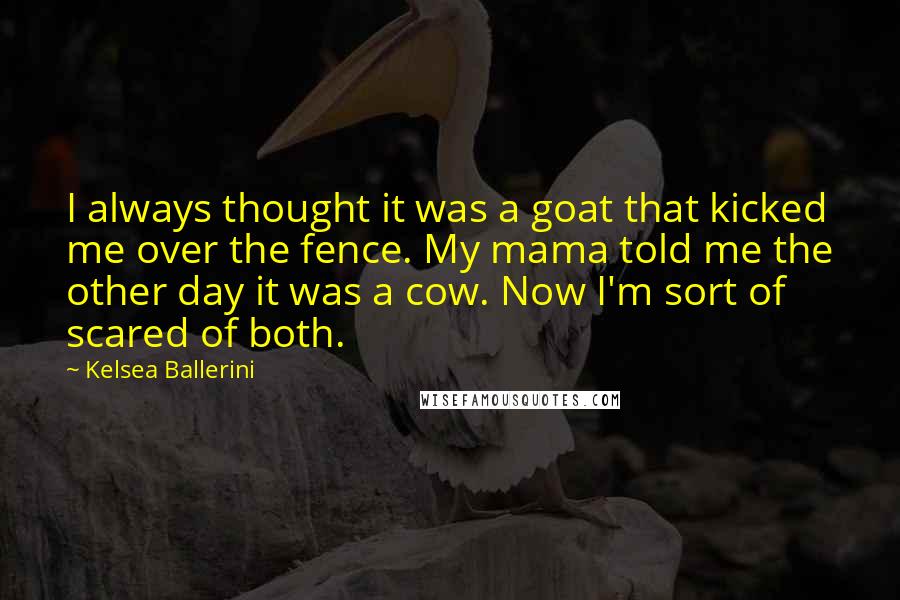 Kelsea Ballerini Quotes: I always thought it was a goat that kicked me over the fence. My mama told me the other day it was a cow. Now I'm sort of scared of both.