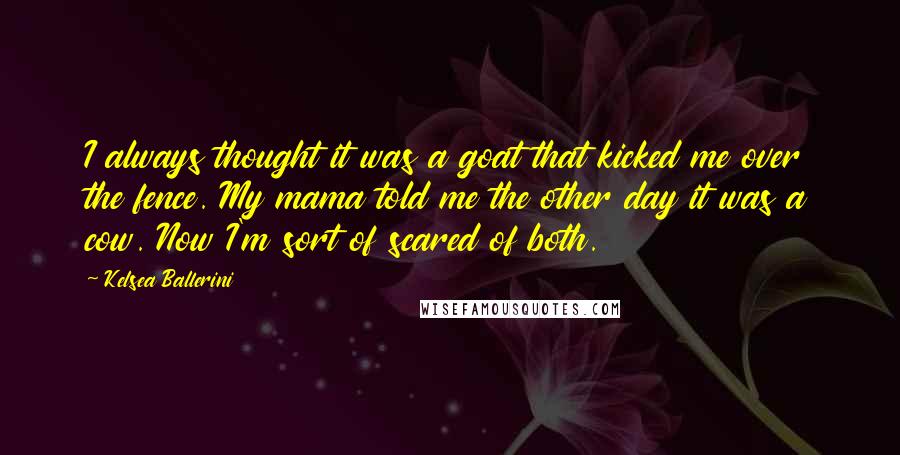 Kelsea Ballerini Quotes: I always thought it was a goat that kicked me over the fence. My mama told me the other day it was a cow. Now I'm sort of scared of both.