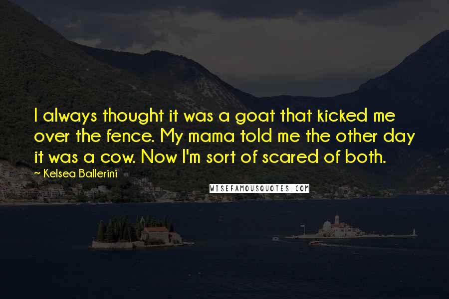 Kelsea Ballerini Quotes: I always thought it was a goat that kicked me over the fence. My mama told me the other day it was a cow. Now I'm sort of scared of both.