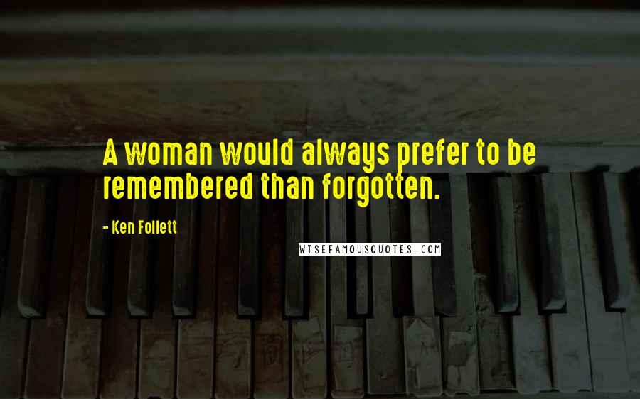 Ken Follett Quotes: A woman would always prefer to be remembered than forgotten.