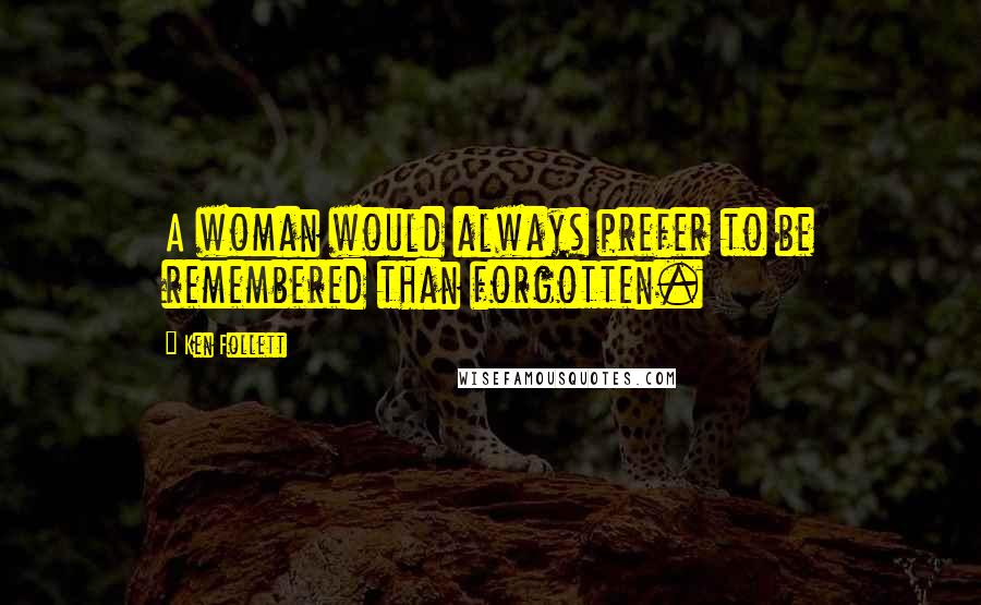 Ken Follett Quotes: A woman would always prefer to be remembered than forgotten.