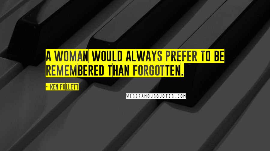 Ken Follett Quotes: A woman would always prefer to be remembered than forgotten.