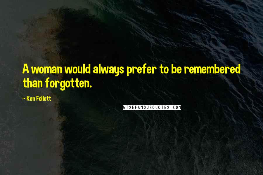 Ken Follett Quotes: A woman would always prefer to be remembered than forgotten.