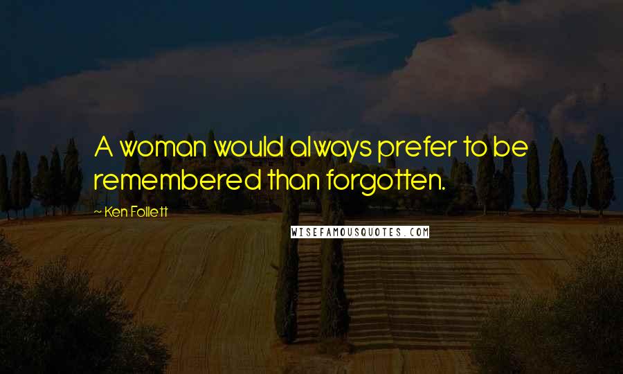 Ken Follett Quotes: A woman would always prefer to be remembered than forgotten.