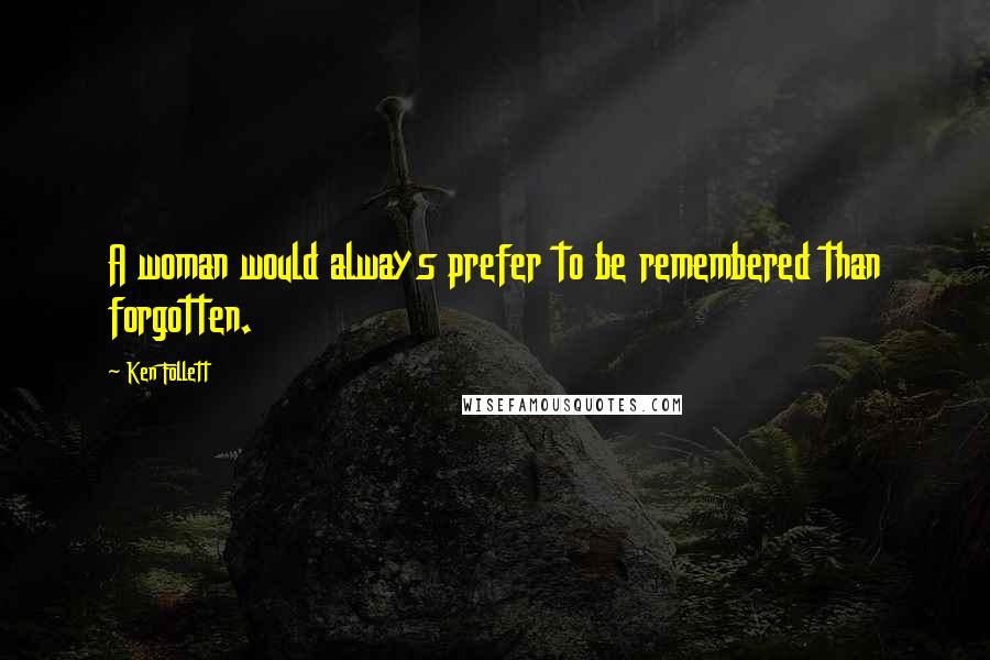 Ken Follett Quotes: A woman would always prefer to be remembered than forgotten.