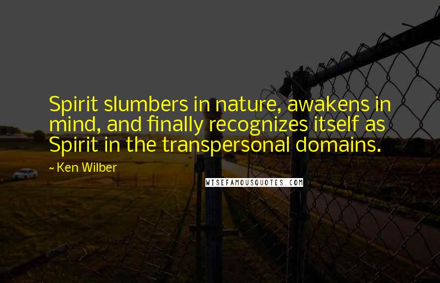 Ken Wilber Quotes: Spirit slumbers in nature, awakens in mind, and finally recognizes itself as Spirit in the transpersonal domains.
