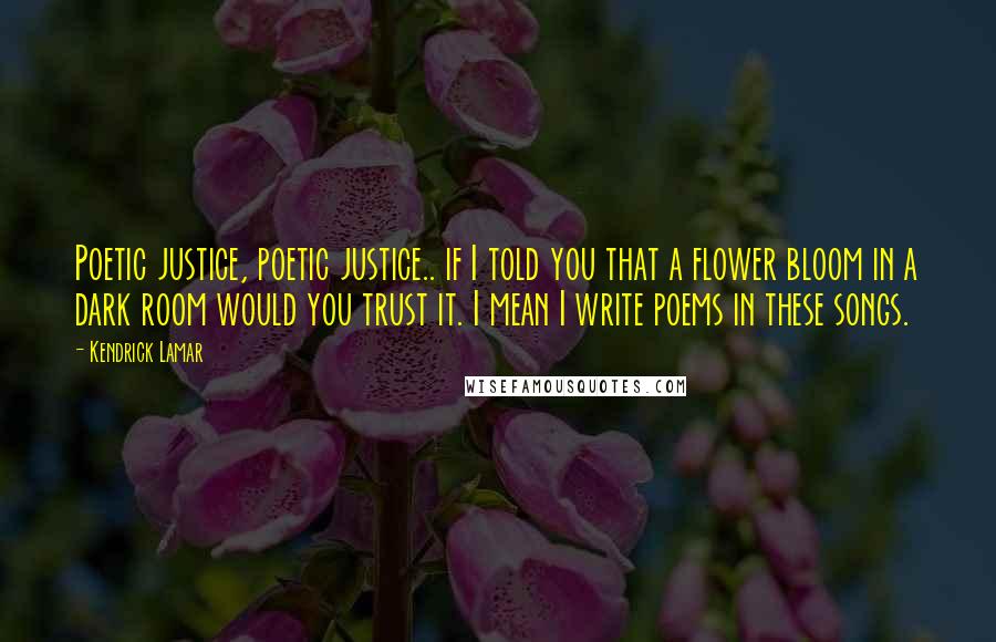 Kendrick Lamar Quotes: Poetic justice, poetic justice.. if I told you that a flower bloom in a dark room would you trust it. I mean I write poems in these songs.