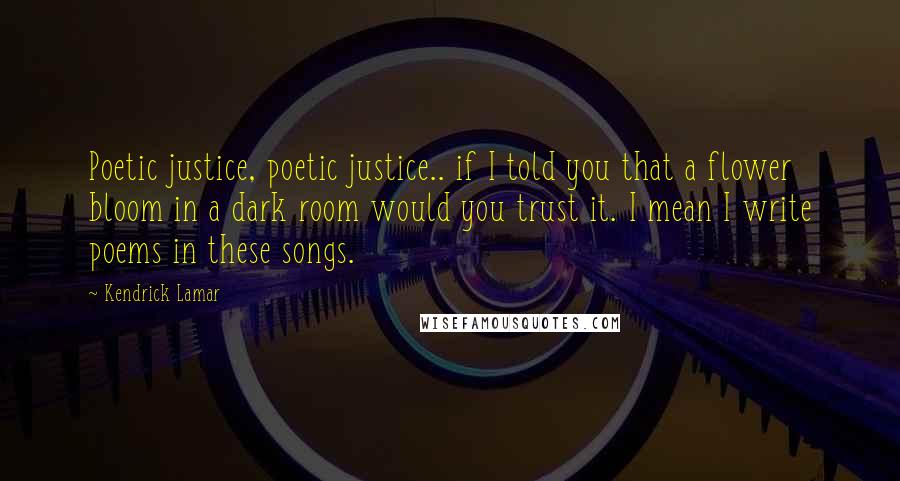 Kendrick Lamar Quotes: Poetic justice, poetic justice.. if I told you that a flower bloom in a dark room would you trust it. I mean I write poems in these songs.