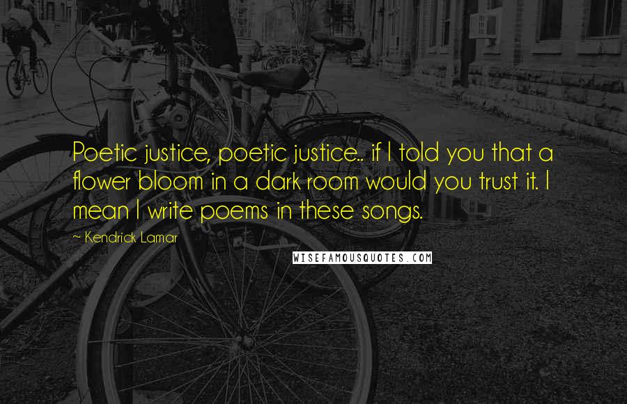 Kendrick Lamar Quotes: Poetic justice, poetic justice.. if I told you that a flower bloom in a dark room would you trust it. I mean I write poems in these songs.