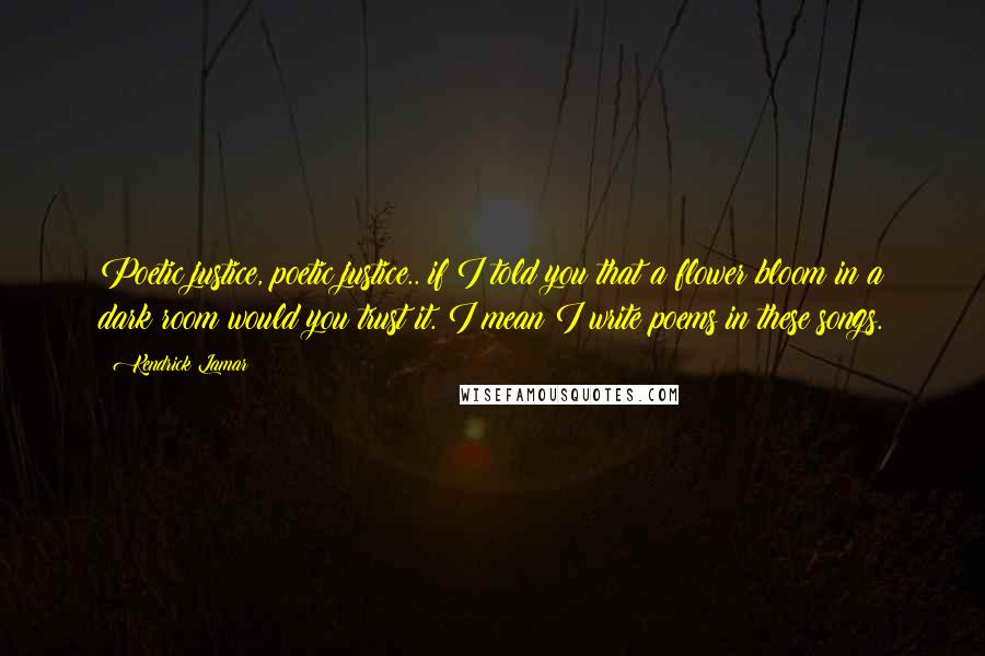 Kendrick Lamar Quotes: Poetic justice, poetic justice.. if I told you that a flower bloom in a dark room would you trust it. I mean I write poems in these songs.