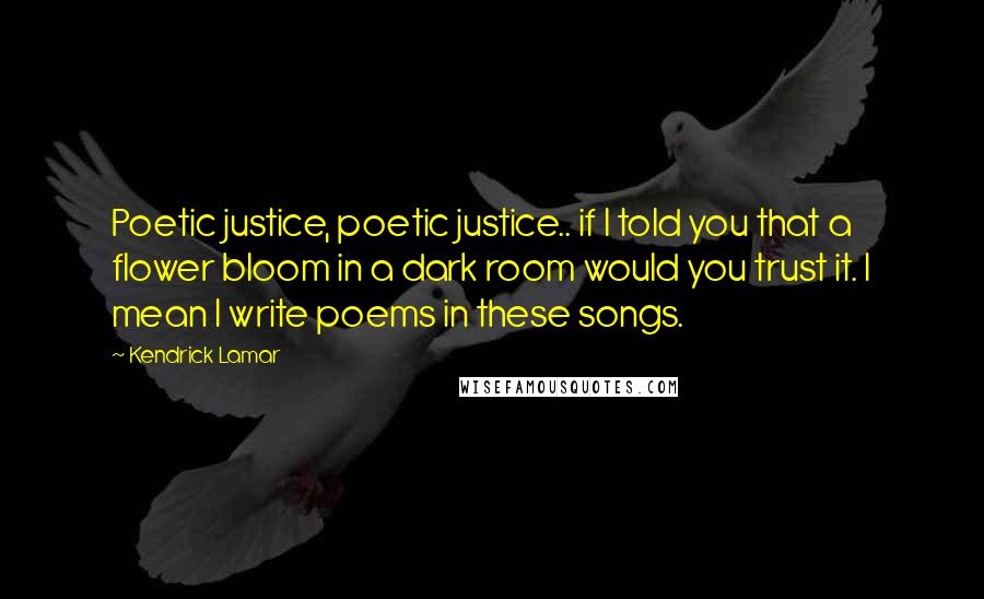 Kendrick Lamar Quotes: Poetic justice, poetic justice.. if I told you that a flower bloom in a dark room would you trust it. I mean I write poems in these songs.