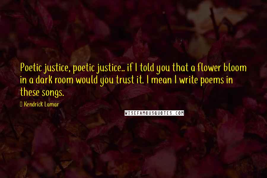 Kendrick Lamar Quotes: Poetic justice, poetic justice.. if I told you that a flower bloom in a dark room would you trust it. I mean I write poems in these songs.