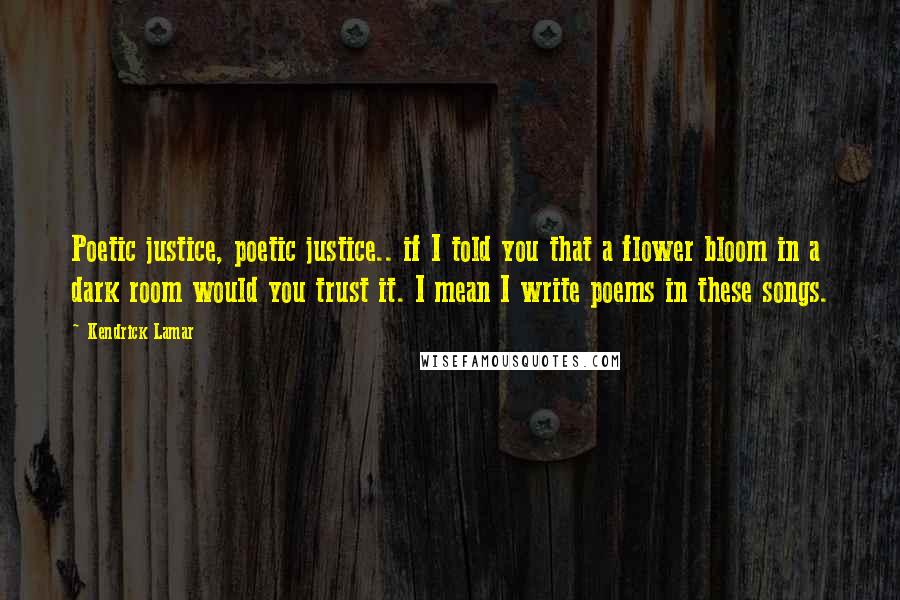 Kendrick Lamar Quotes: Poetic justice, poetic justice.. if I told you that a flower bloom in a dark room would you trust it. I mean I write poems in these songs.