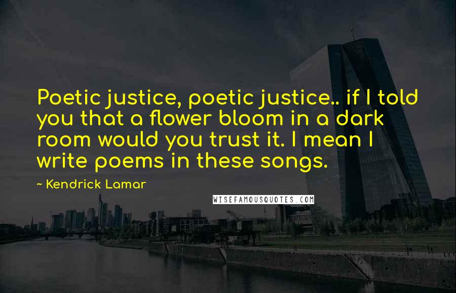 Kendrick Lamar Quotes: Poetic justice, poetic justice.. if I told you that a flower bloom in a dark room would you trust it. I mean I write poems in these songs.