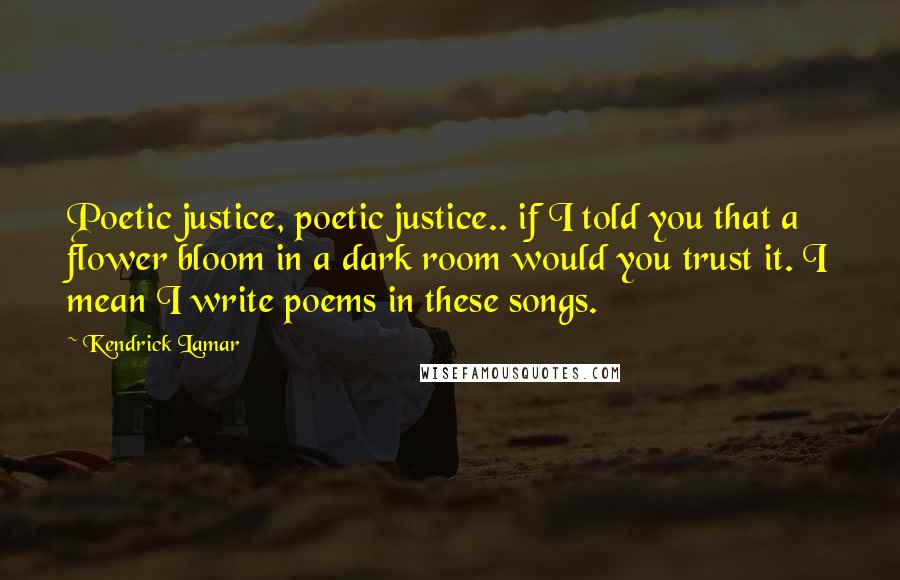Kendrick Lamar Quotes: Poetic justice, poetic justice.. if I told you that a flower bloom in a dark room would you trust it. I mean I write poems in these songs.