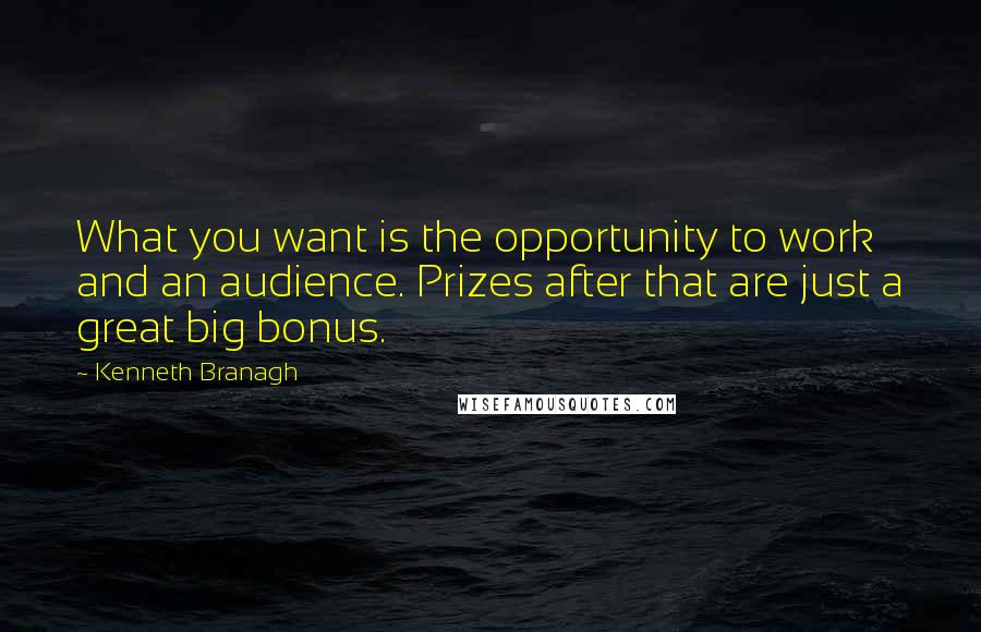 Kenneth Branagh Quotes: What you want is the opportunity to work and an audience. Prizes after that are just a great big bonus.