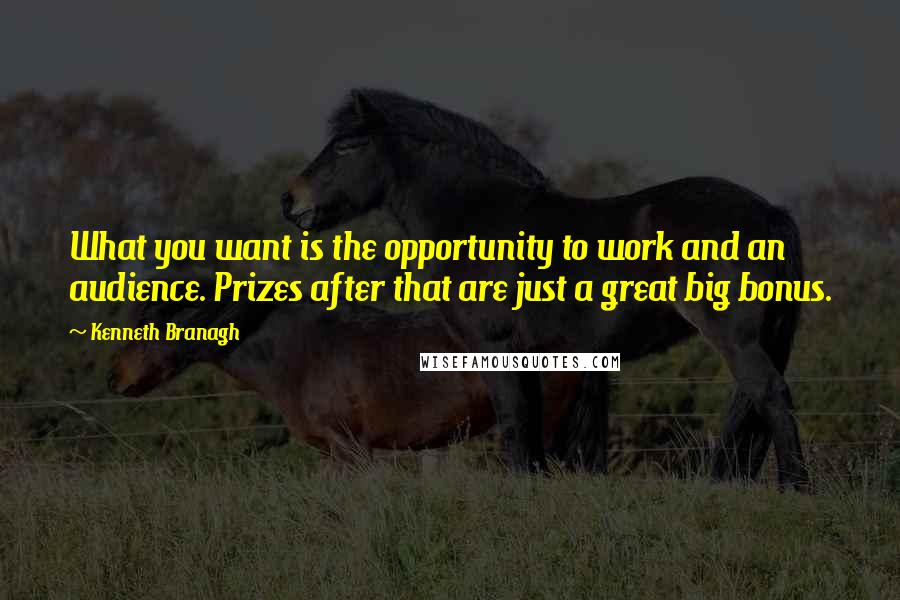 Kenneth Branagh Quotes: What you want is the opportunity to work and an audience. Prizes after that are just a great big bonus.