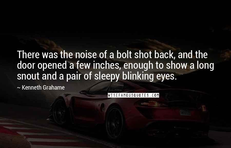 Kenneth Grahame Quotes: There was the noise of a bolt shot back, and the door opened a few inches, enough to show a long snout and a pair of sleepy blinking eyes.