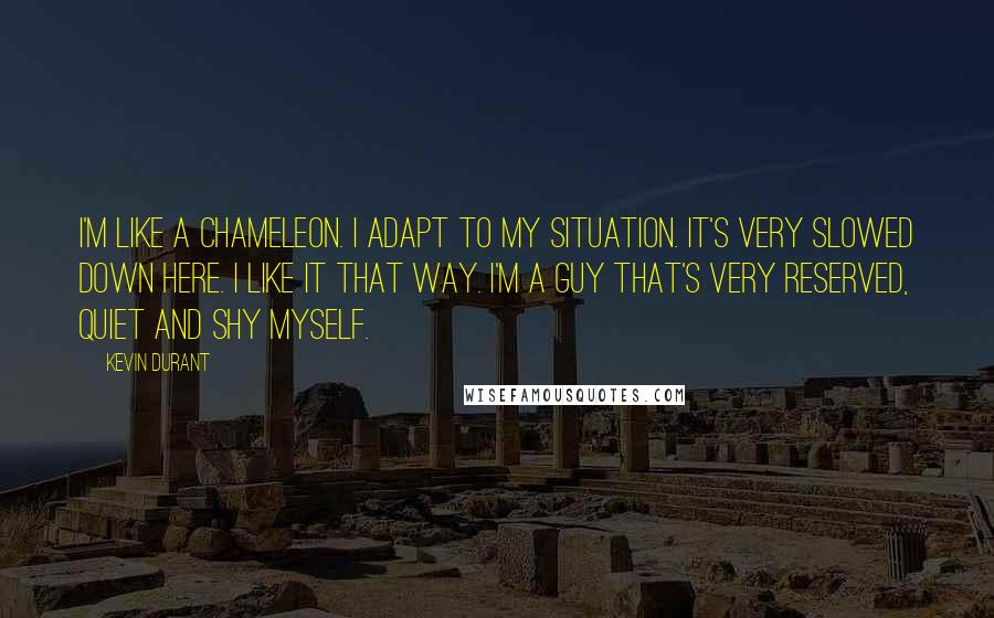 Kevin Durant Quotes: I'm like a chameleon. I adapt to my situation. It's very slowed down here. I like it that way. I'm a guy that's very reserved, quiet and shy myself.