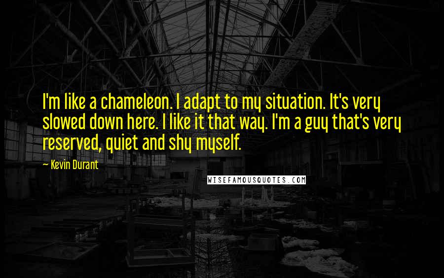 Kevin Durant Quotes: I'm like a chameleon. I adapt to my situation. It's very slowed down here. I like it that way. I'm a guy that's very reserved, quiet and shy myself.