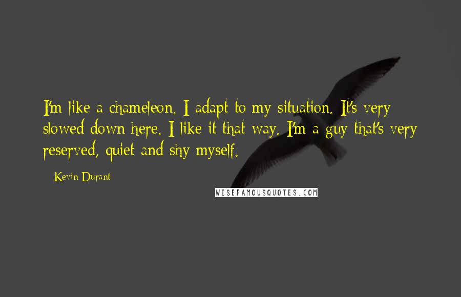 Kevin Durant Quotes: I'm like a chameleon. I adapt to my situation. It's very slowed down here. I like it that way. I'm a guy that's very reserved, quiet and shy myself.