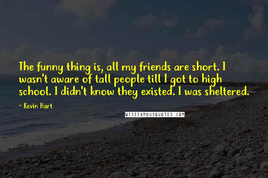 Kevin Hart Quotes: The funny thing is, all my friends are short. I wasn't aware of tall people till I got to high school. I didn't know they existed. I was sheltered.