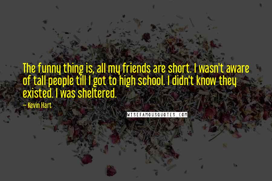 Kevin Hart Quotes: The funny thing is, all my friends are short. I wasn't aware of tall people till I got to high school. I didn't know they existed. I was sheltered.