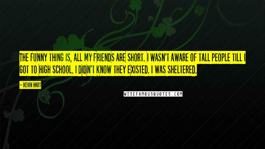 Kevin Hart Quotes: The funny thing is, all my friends are short. I wasn't aware of tall people till I got to high school. I didn't know they existed. I was sheltered.