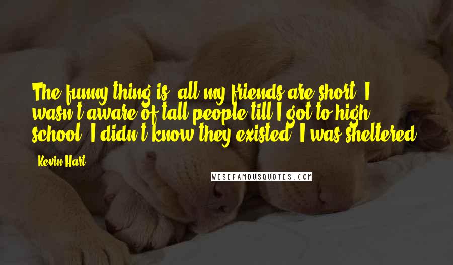 Kevin Hart Quotes: The funny thing is, all my friends are short. I wasn't aware of tall people till I got to high school. I didn't know they existed. I was sheltered.