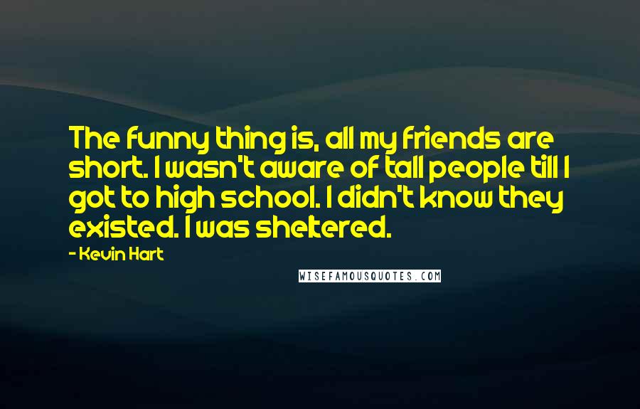 Kevin Hart Quotes: The funny thing is, all my friends are short. I wasn't aware of tall people till I got to high school. I didn't know they existed. I was sheltered.