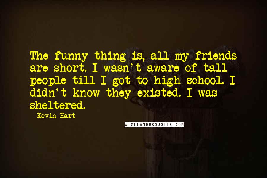 Kevin Hart Quotes: The funny thing is, all my friends are short. I wasn't aware of tall people till I got to high school. I didn't know they existed. I was sheltered.