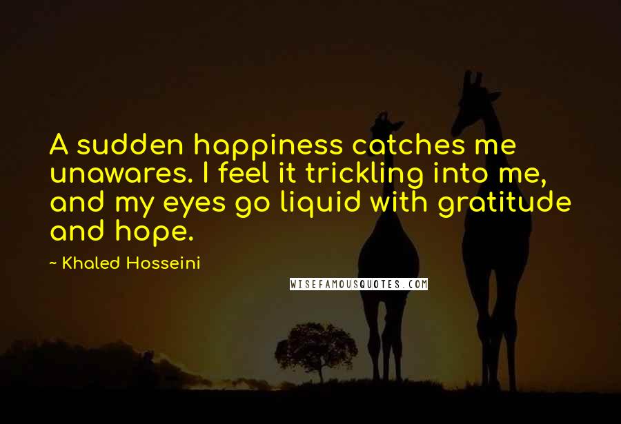 Khaled Hosseini Quotes: A sudden happiness catches me unawares. I feel it trickling into me, and my eyes go liquid with gratitude and hope.