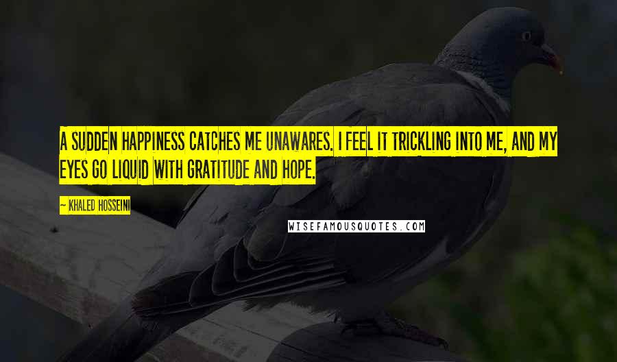 Khaled Hosseini Quotes: A sudden happiness catches me unawares. I feel it trickling into me, and my eyes go liquid with gratitude and hope.