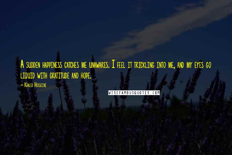 Khaled Hosseini Quotes: A sudden happiness catches me unawares. I feel it trickling into me, and my eyes go liquid with gratitude and hope.