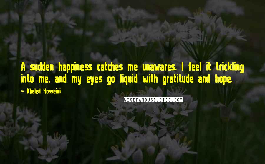 Khaled Hosseini Quotes: A sudden happiness catches me unawares. I feel it trickling into me, and my eyes go liquid with gratitude and hope.