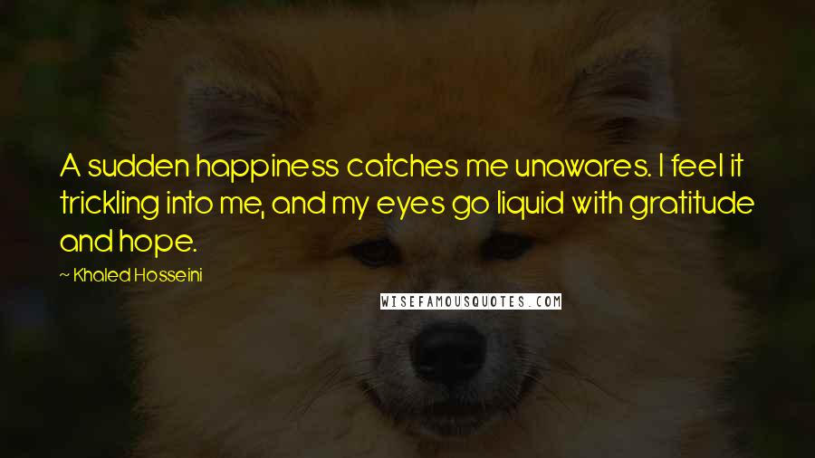 Khaled Hosseini Quotes: A sudden happiness catches me unawares. I feel it trickling into me, and my eyes go liquid with gratitude and hope.