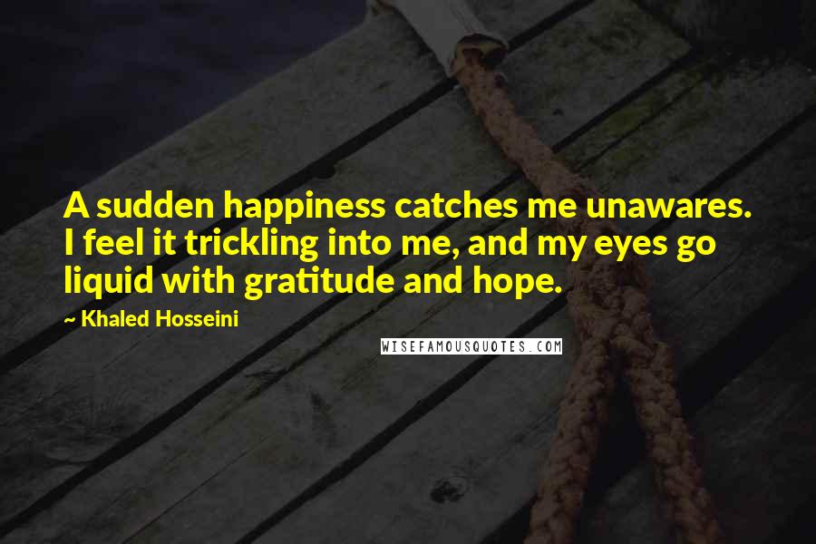 Khaled Hosseini Quotes: A sudden happiness catches me unawares. I feel it trickling into me, and my eyes go liquid with gratitude and hope.