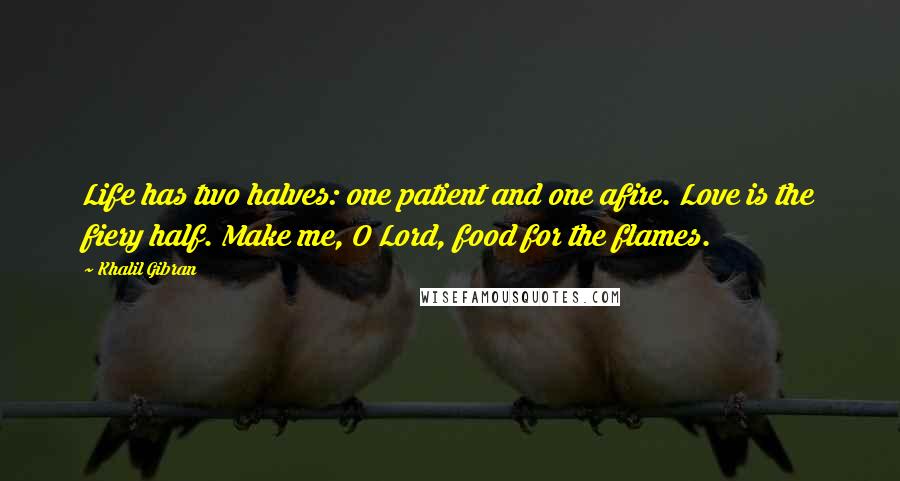 Khalil Gibran Quotes: Life has two halves: one patient and one afire. Love is the fiery half. Make me, O Lord, food for the flames.