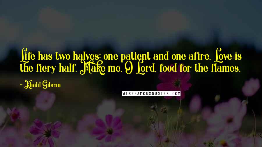 Khalil Gibran Quotes: Life has two halves: one patient and one afire. Love is the fiery half. Make me, O Lord, food for the flames.