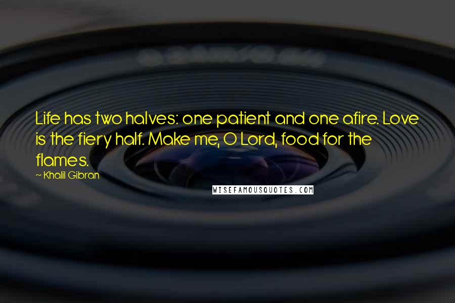 Khalil Gibran Quotes: Life has two halves: one patient and one afire. Love is the fiery half. Make me, O Lord, food for the flames.