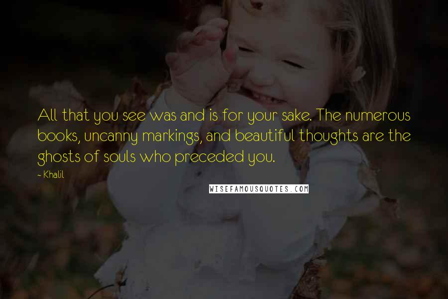 Khalil Quotes: All that you see was and is for your sake. The numerous books, uncanny markings, and beautiful thoughts are the ghosts of souls who preceded you.
