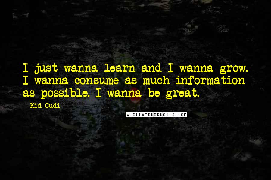 Kid Cudi Quotes: I just wanna learn and I wanna grow. I wanna consume as much information as possible. I wanna be great.