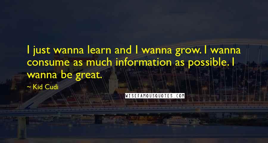 Kid Cudi Quotes: I just wanna learn and I wanna grow. I wanna consume as much information as possible. I wanna be great.