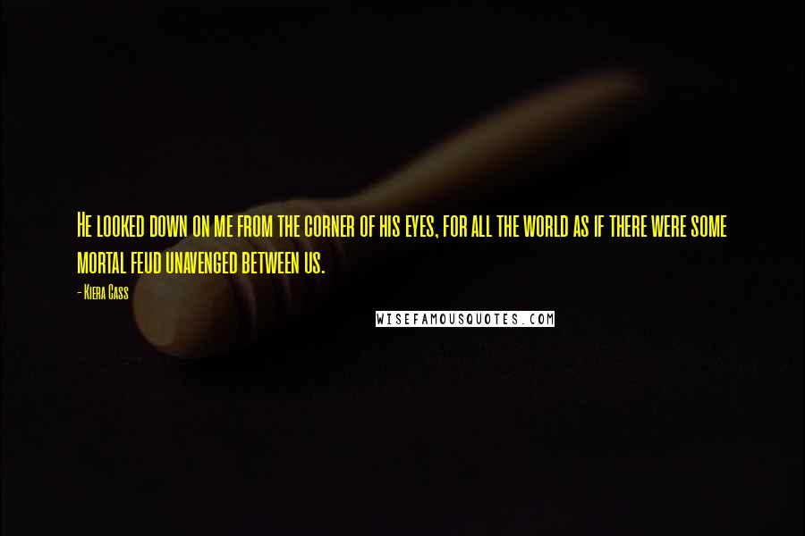 Kiera Cass Quotes: He looked down on me from the corner of his eyes, for all the world as if there were some mortal feud unavenged between us.