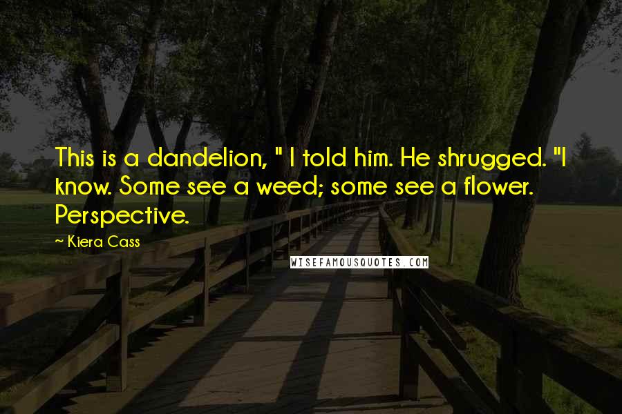 Kiera Cass Quotes: This is a dandelion, " I told him. He shrugged. "I know. Some see a weed; some see a flower. Perspective.