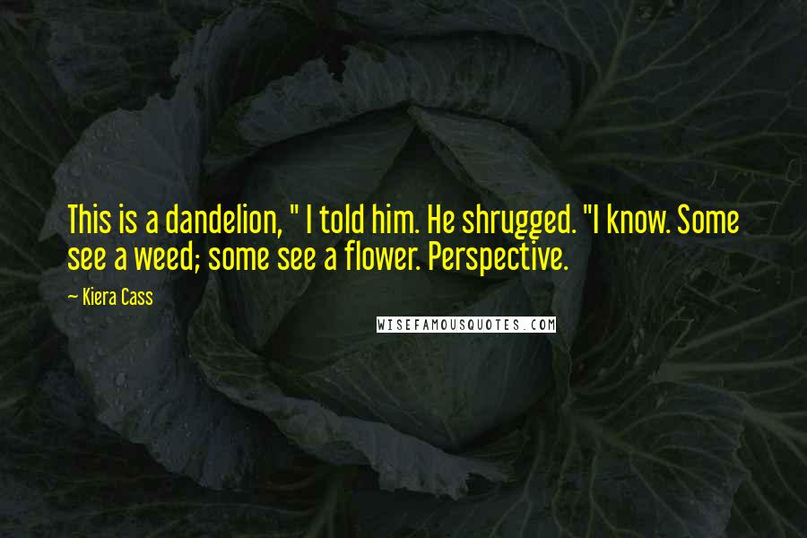 Kiera Cass Quotes: This is a dandelion, " I told him. He shrugged. "I know. Some see a weed; some see a flower. Perspective.