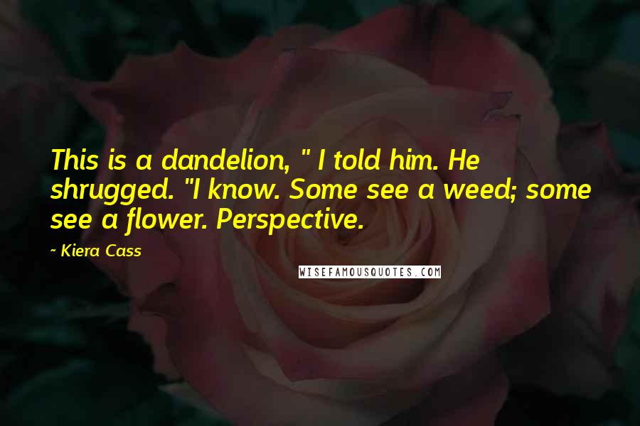 Kiera Cass Quotes: This is a dandelion, " I told him. He shrugged. "I know. Some see a weed; some see a flower. Perspective.