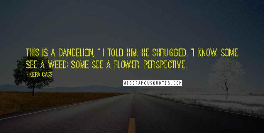 Kiera Cass Quotes: This is a dandelion, " I told him. He shrugged. "I know. Some see a weed; some see a flower. Perspective.