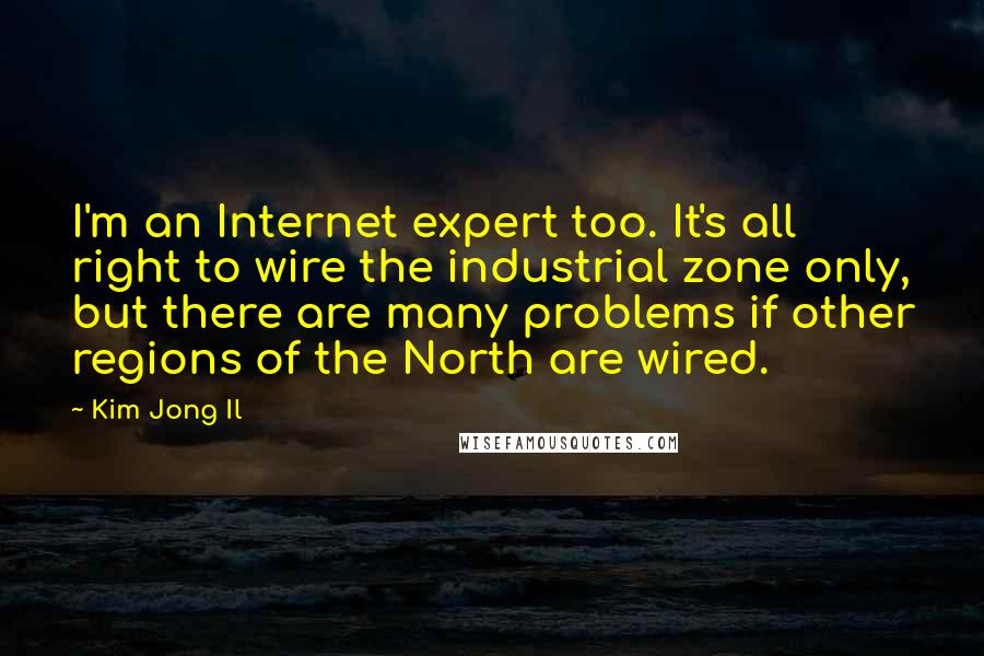 Kim Jong Il Quotes: I'm an Internet expert too. It's all right to wire the industrial zone only, but there are many problems if other regions of the North are wired.