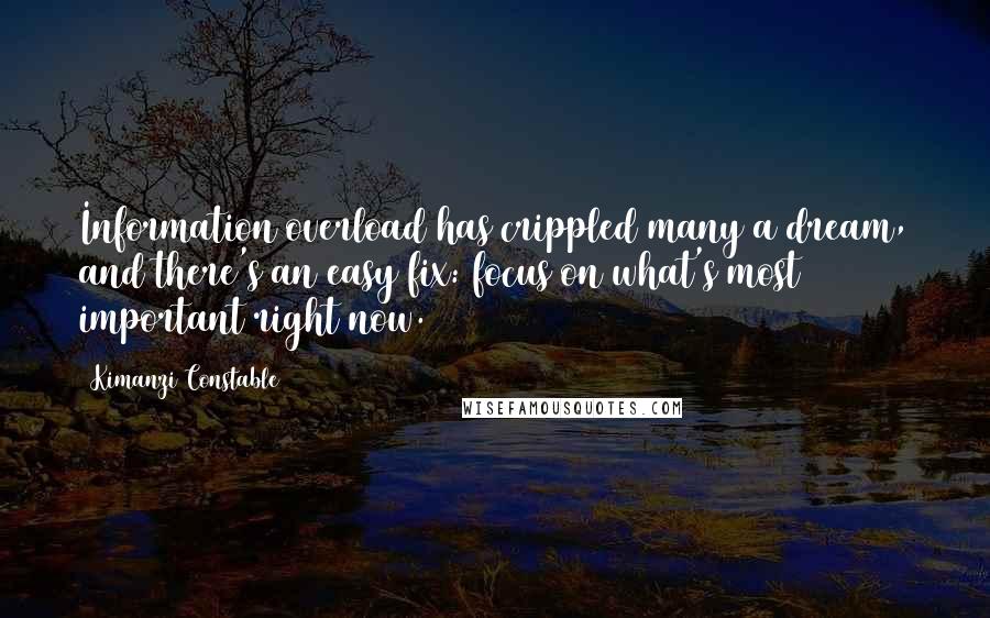 Kimanzi Constable Quotes: Information overload has crippled many a dream, and there's an easy fix: focus on what's most important right now.